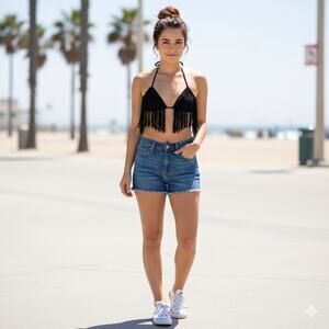 Luli Fama Black Fringe Bikini Top - Size Small NWT